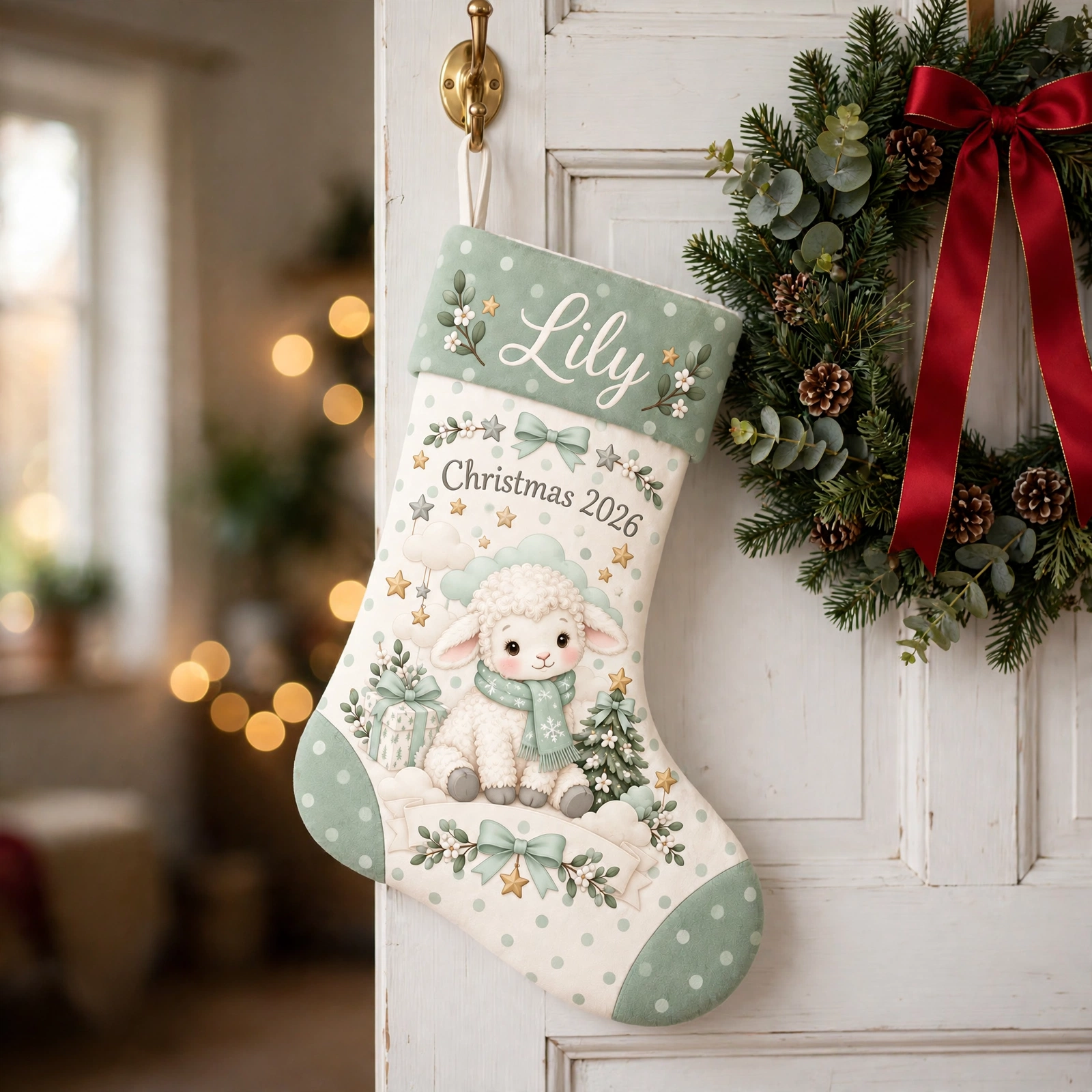 Sage Green Lamb and Stars Christmas stocking hanging on a white door beside a Christmas wreath