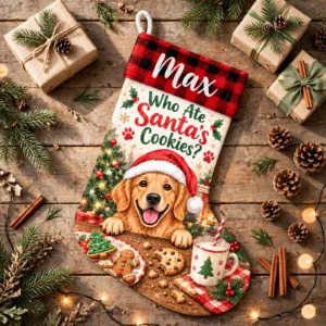 personalized santas cookie dog stocking shown laid flat on a wooden surface beside wrapped gifts and greenery