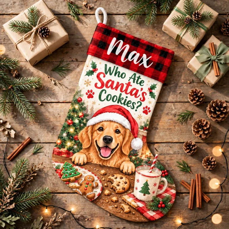 Personalized Santa’s Cookie Dog with Buffalo Plaid, Gingerbread, Milk and a Cozy Fireplace, Christmas Stocking 8×18 inches
