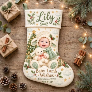personalized sage lamb baby stocking shown laid flat on a wooden surface beside wrapped gifts and greenery