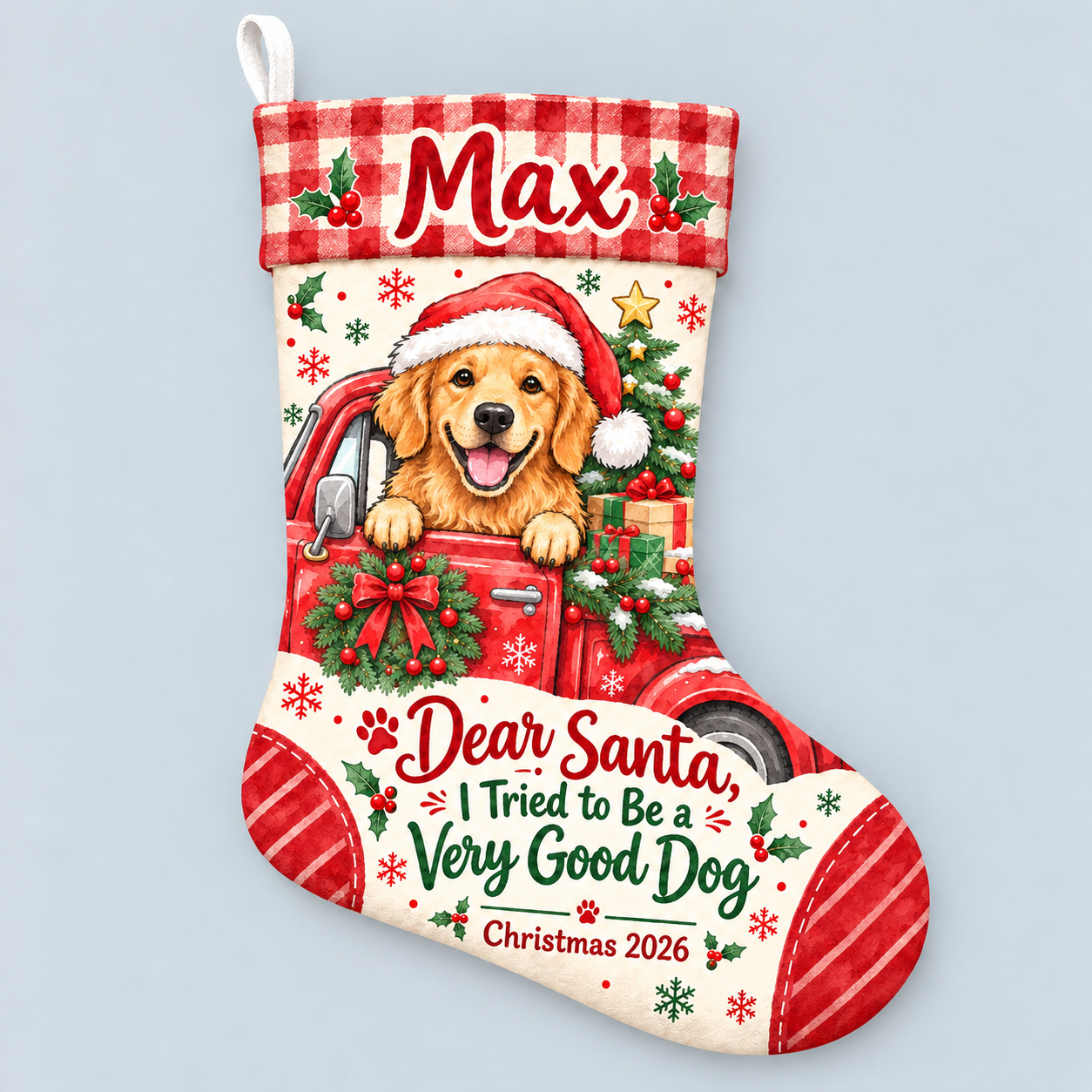 Personalized Christmas stocking with personalized red gingham truck dog design on a plain background
