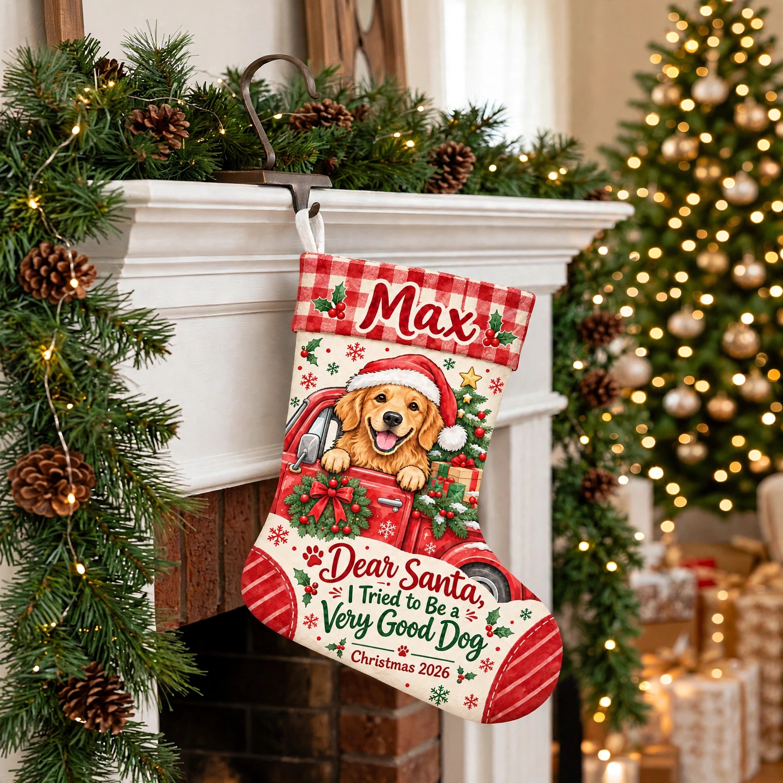 Golden Dog in Red Christmas Truck Christmas stocking hanging by a decorated fireplace