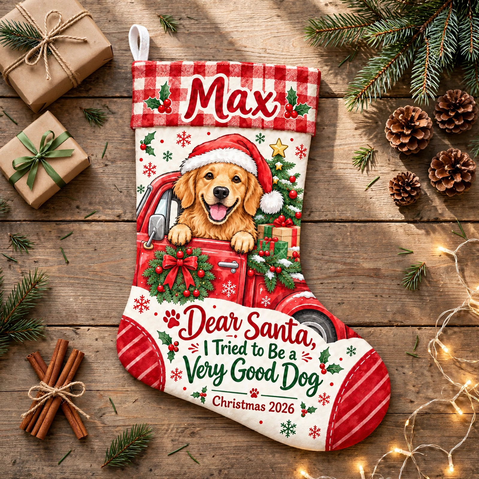 personalized red gingham truck dog stocking shown laid flat on a wooden surface beside wrapped gifts and greenery