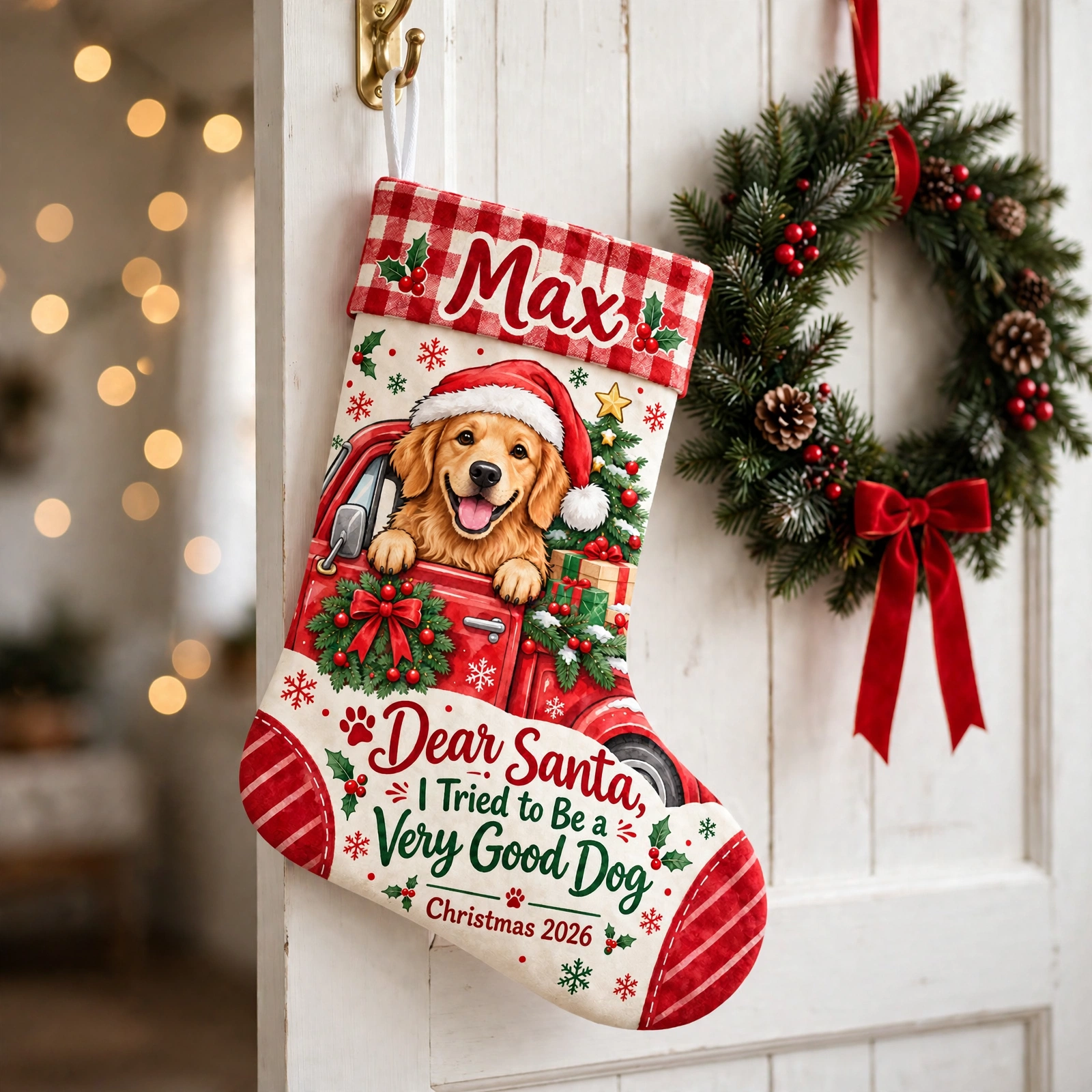 Golden Dog in Red Christmas Truck Christmas stocking hanging on a white door beside a Christmas wreath