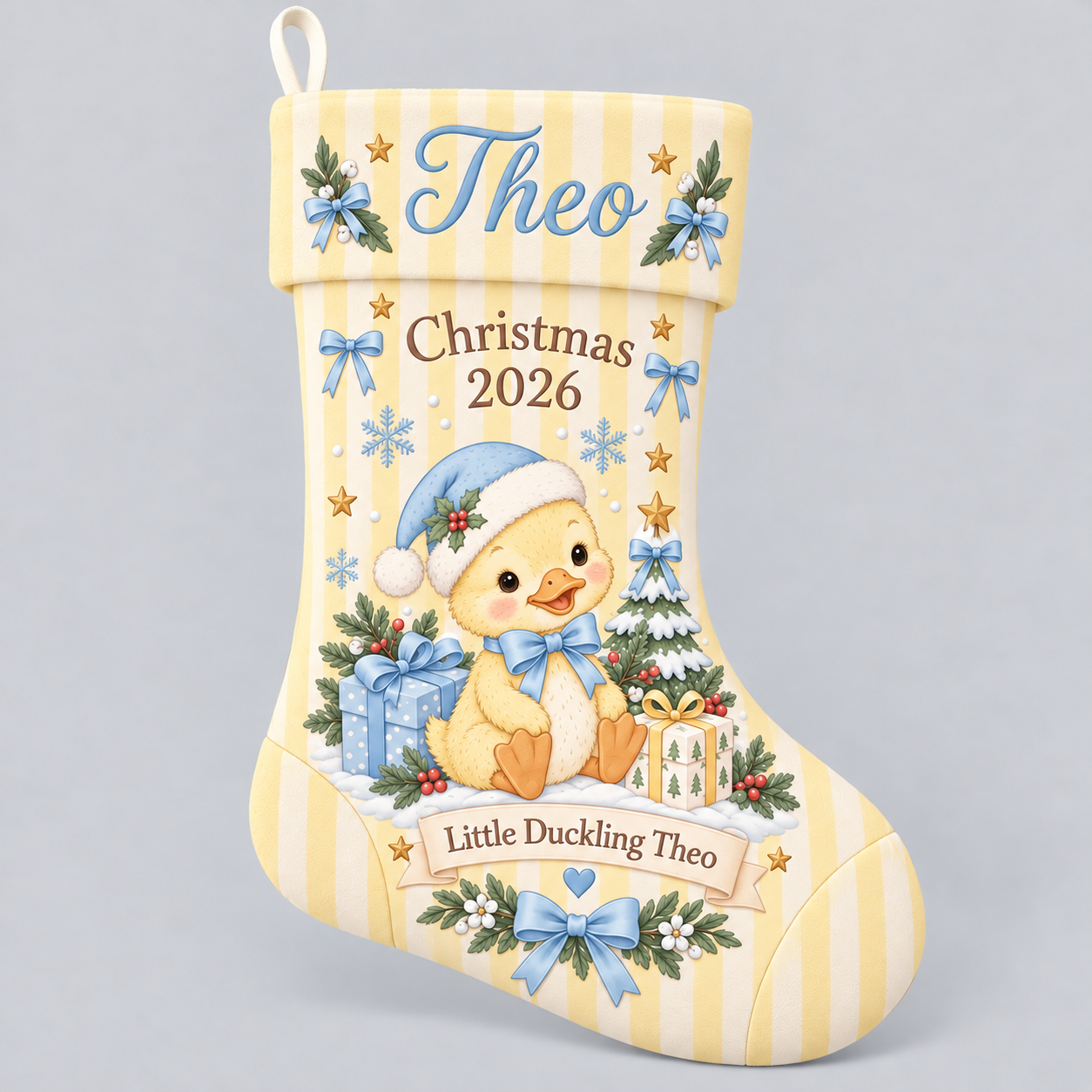 Personalized Christmas stocking with personalized yellow duckling design on a plain background