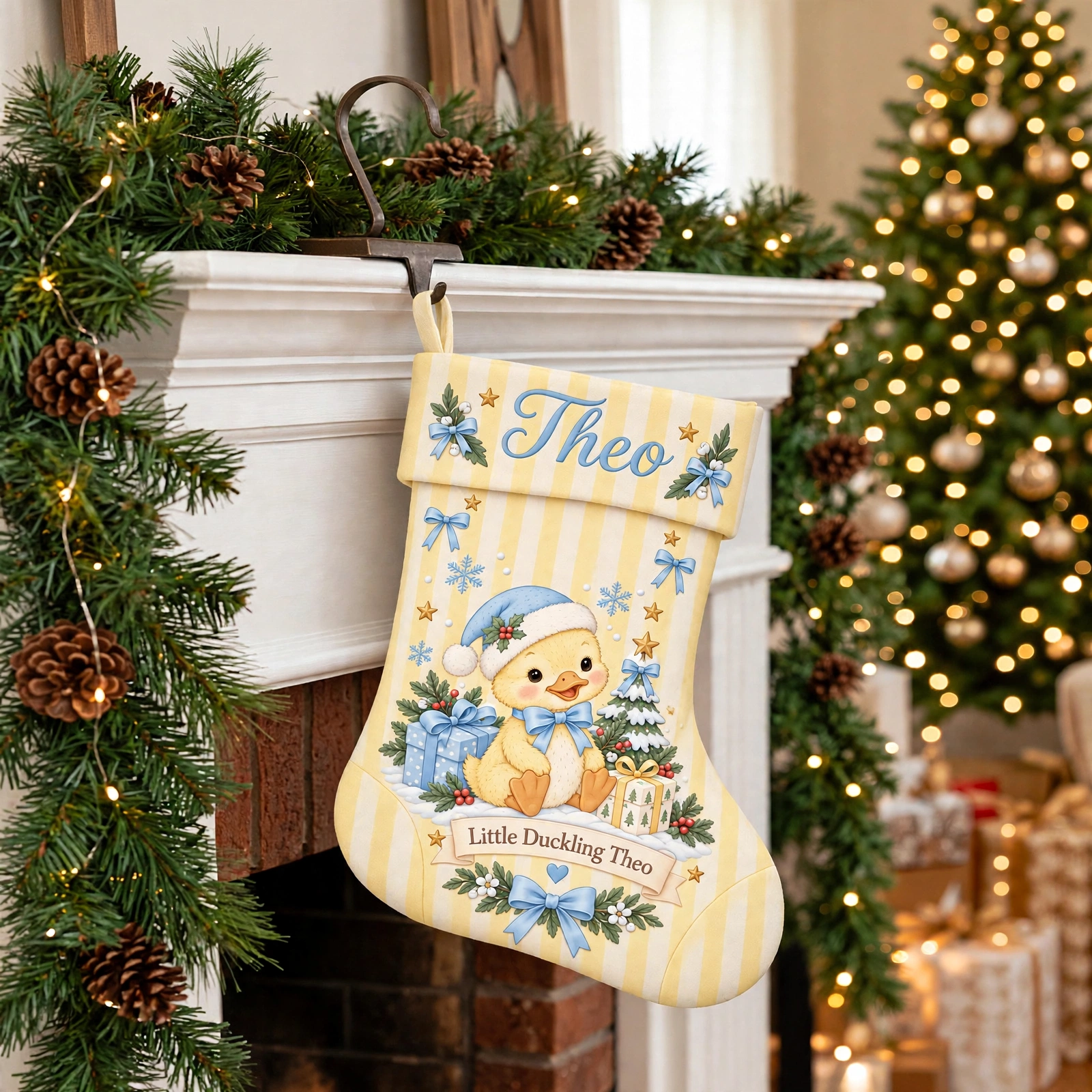 Yellow Striped Duckling with Blue Santa Hat Christmas stocking hanging by a decorated fireplace