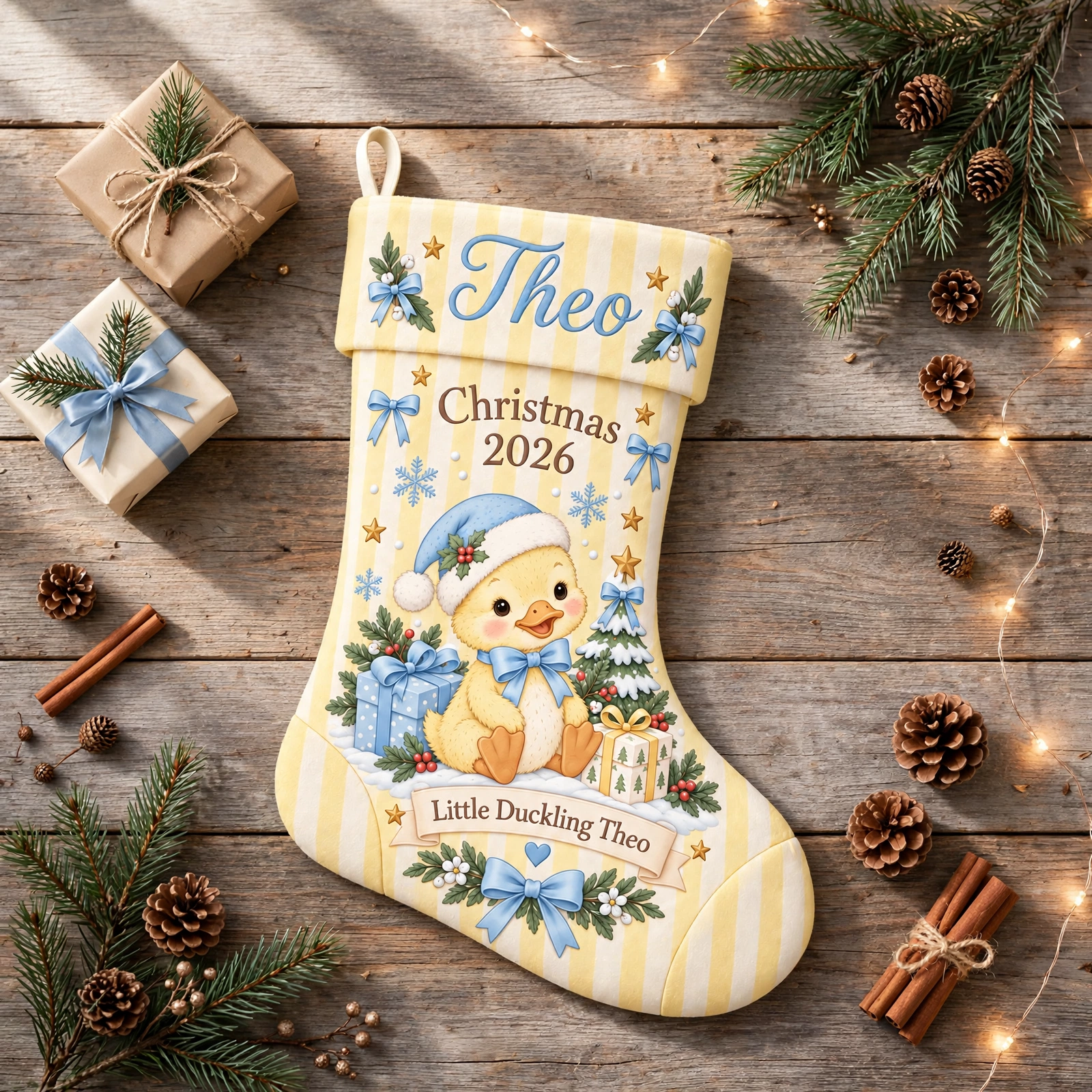 personalized yellow duckling stocking shown laid flat on a wooden surface beside wrapped gifts and greenery