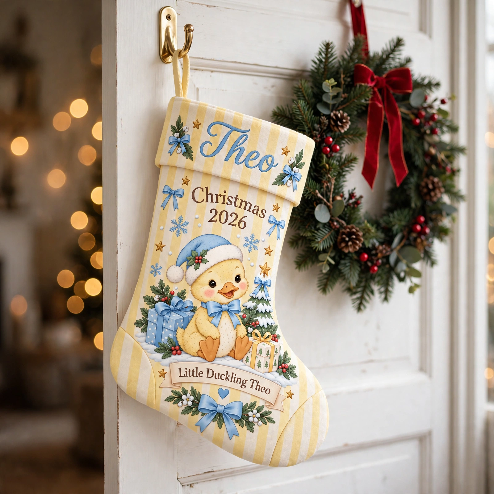 Yellow Striped Duckling with Blue Santa Hat Christmas stocking hanging on a white door beside a Christmas wreath