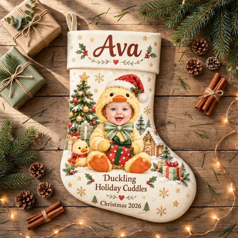 Personalized Duckling Baby Portrait with Red Santa Hat, Present, Sage Bow and Snowy Home, Christmas Stocking 8×18 inches