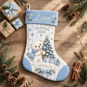 personalized blue striped polar bear stocking shown laid flat on a wooden surface beside wrapped gifts and greenery