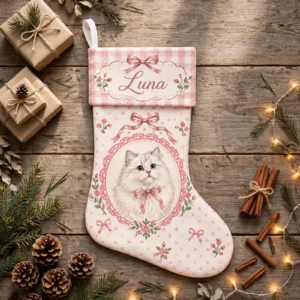 personalized pink gingham cat stocking shown laid flat on a wooden surface beside wrapped gifts and greenery