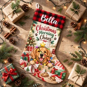 personalized christmas chaos dog stocking shown laid flat on a wooden surface beside wrapped gifts and greenery