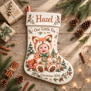 personalized woodland fox baby stocking shown laid flat on a wooden surface beside wrapped gifts and greenery