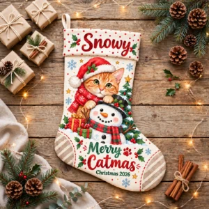personalized snowman orange cat stocking shown laid flat on a wooden surface beside wrapped gifts and greenery