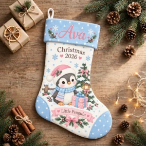 personalized blue pink penguin stocking shown laid flat on a wooden surface beside wrapped gifts and greenery