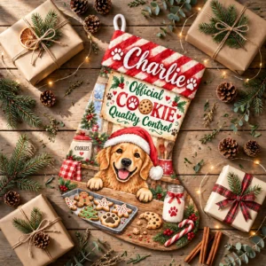 personalized cookie inspector dog stocking shown laid flat on a wooden surface beside wrapped gifts and greenery