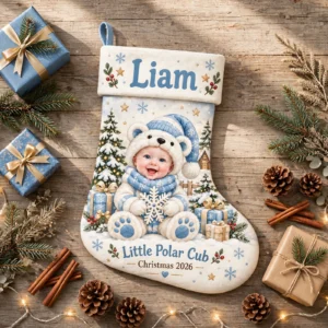 personalized snowflake polar baby stocking shown laid flat on a wooden surface beside wrapped gifts and greenery