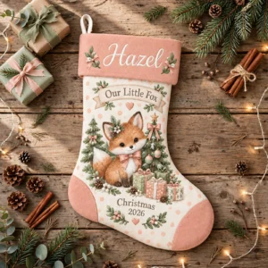 personalized peach polka fox stocking shown laid flat on a wooden surface beside wrapped gifts and greenery