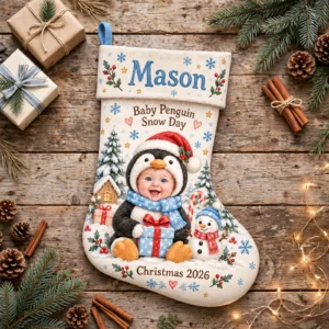 personalized snowman penguin baby stocking shown laid flat on a wooden surface beside wrapped gifts and greenery