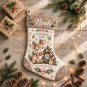 personalized taupe lantern reindeer stocking shown laid flat on a wooden surface beside wrapped gifts and greenery