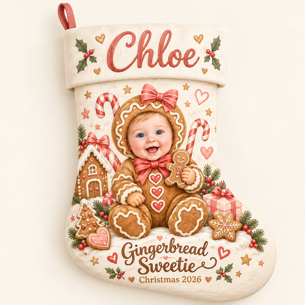 Personalized Christmas stocking with personalized gingerbread baby design on a plain background