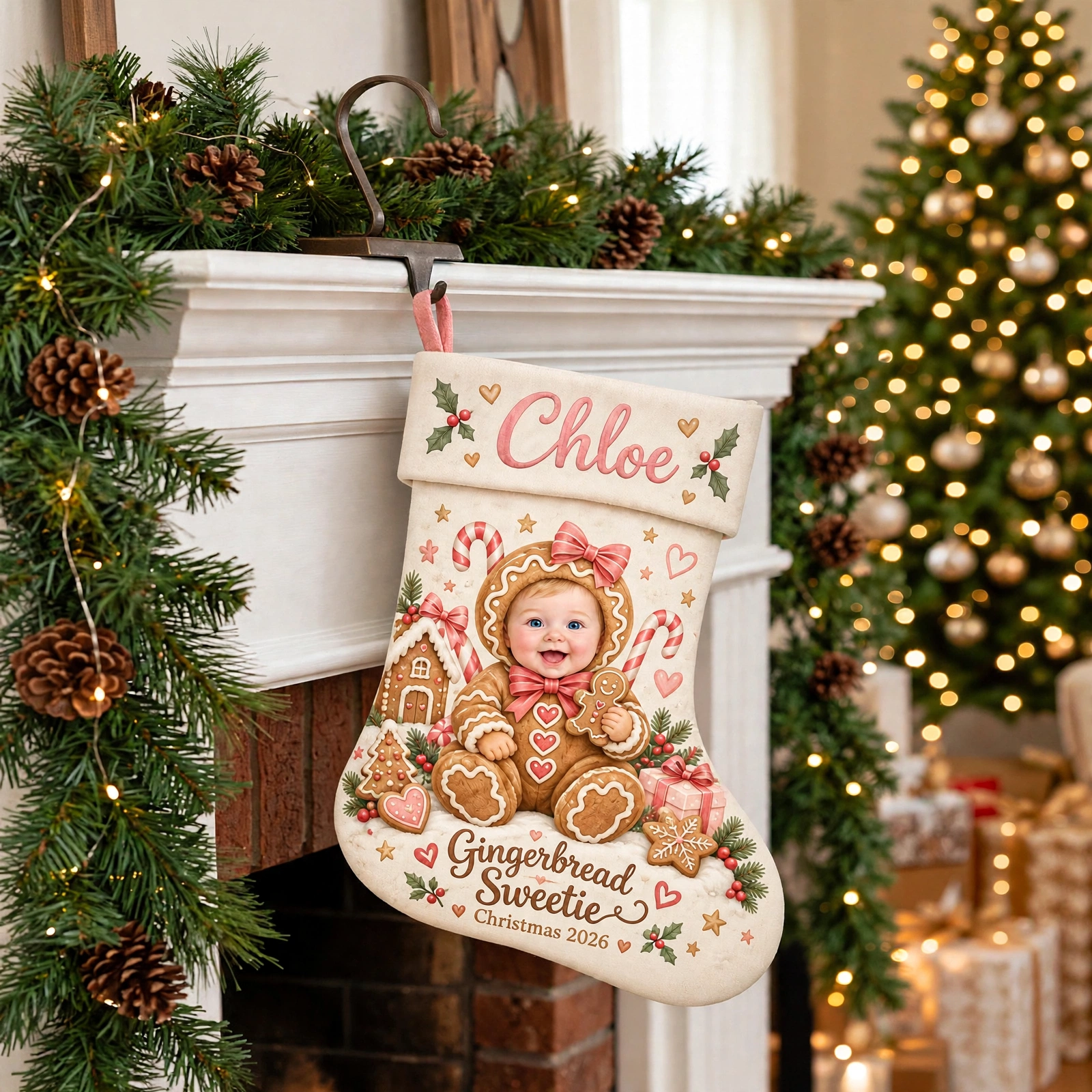 Gingerbread Baby Portrait Christmas stocking hanging by a decorated fireplace