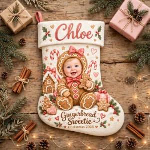 personalized gingerbread baby stocking shown laid flat on a wooden surface beside wrapped gifts and greenery
