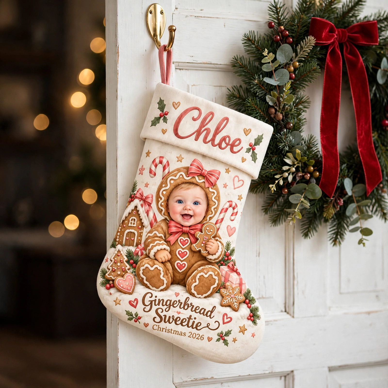 Gingerbread Baby Portrait Christmas stocking hanging on a white door beside a Christmas wreath