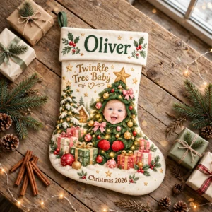 personalized twinkle tree baby stocking shown laid flat on a wooden surface beside wrapped gifts and greenery
