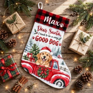 personalized snowy red truck dog stocking shown laid flat on a wooden surface beside wrapped gifts and greenery