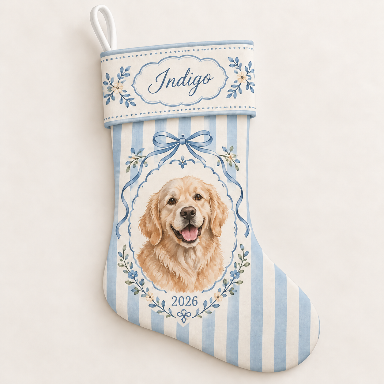 Personalized Christmas stocking with personalized blue oval dog design on a plain background