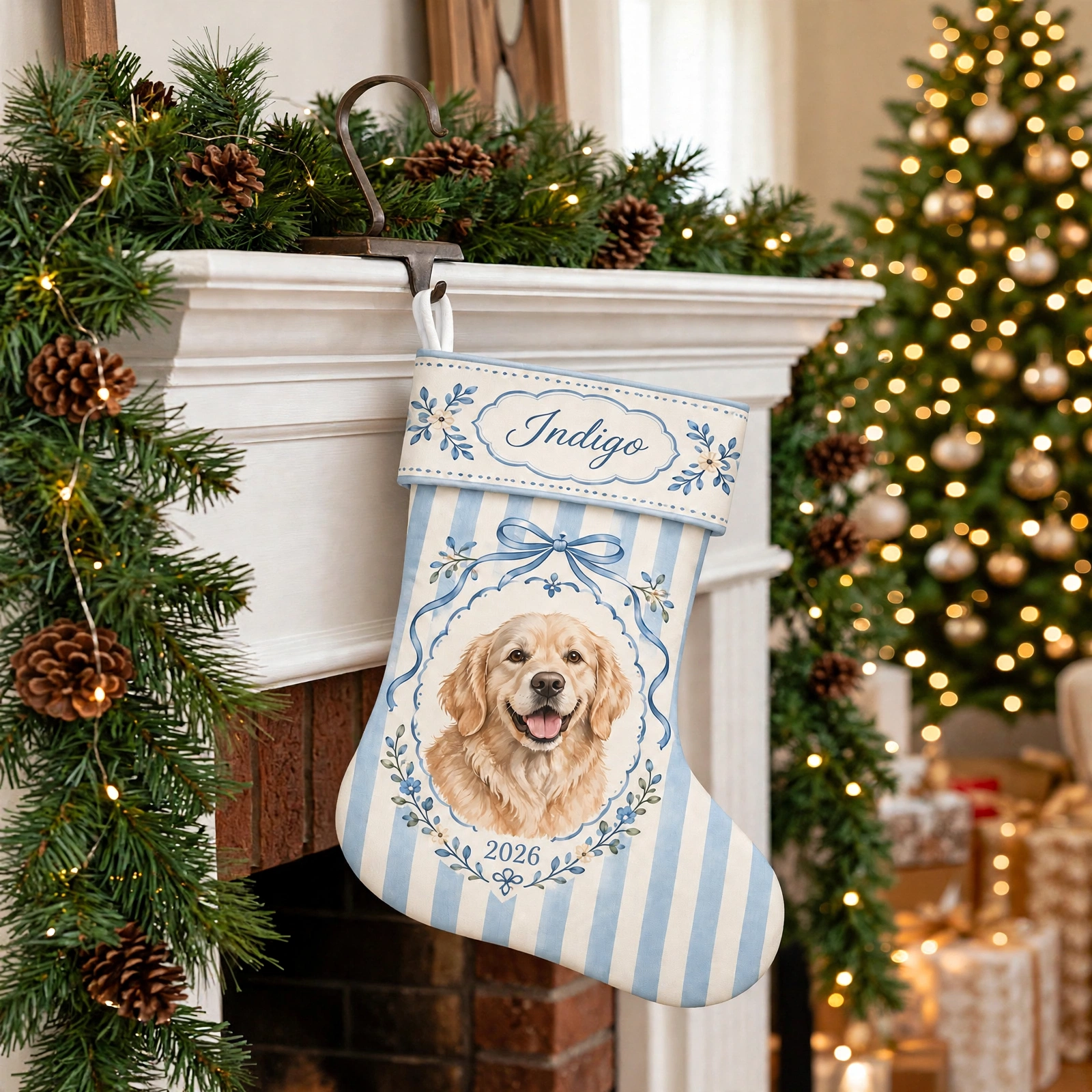 Blue Striped Golden Dog Oval Portrait Christmas stocking hanging by a decorated fireplace
