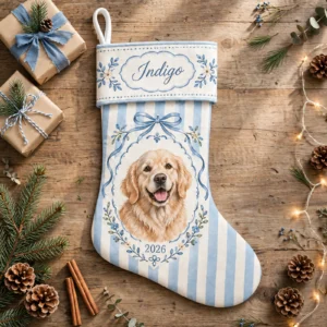 personalized blue oval dog stocking shown laid flat on a wooden surface beside wrapped gifts and greenery