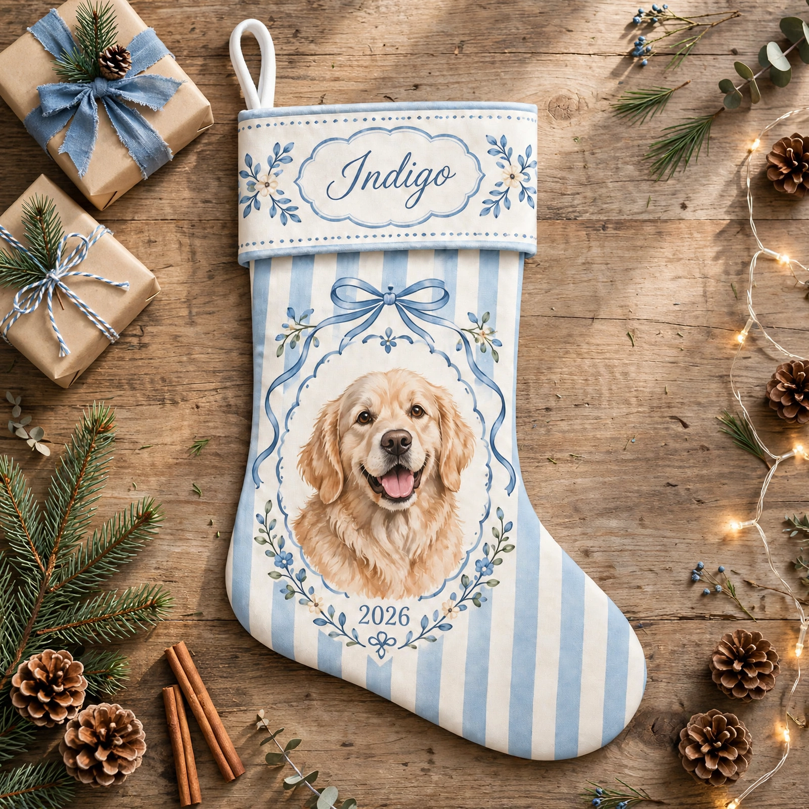 personalized blue oval dog stocking shown laid flat on a wooden surface beside wrapped gifts and greenery