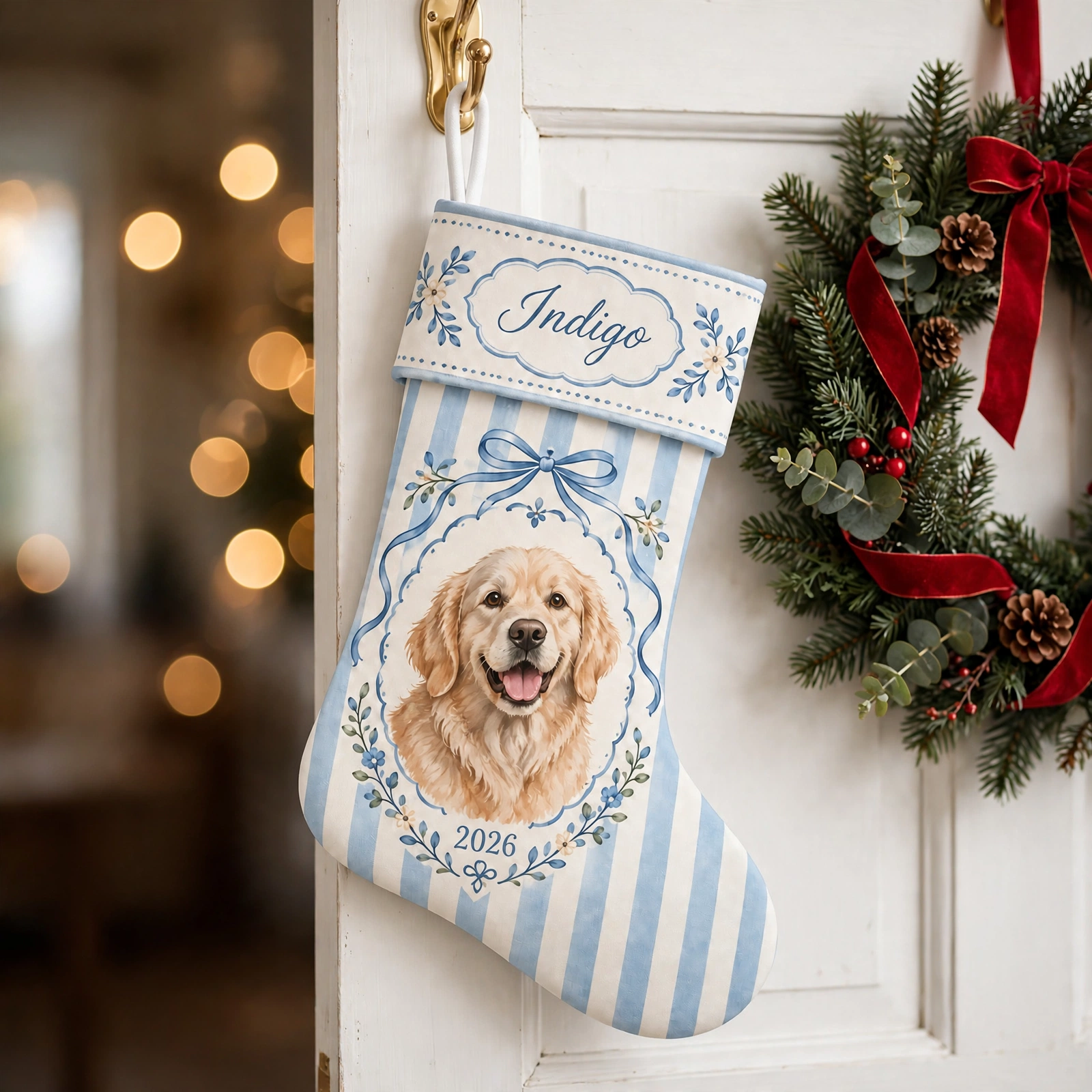 Blue Striped Golden Dog Oval Portrait Christmas stocking hanging on a white door beside a Christmas wreath