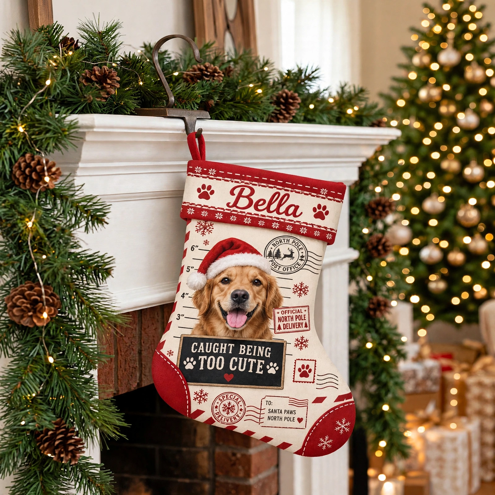 North Pole Dog Mugshot Christmas stocking hanging by a decorated fireplace