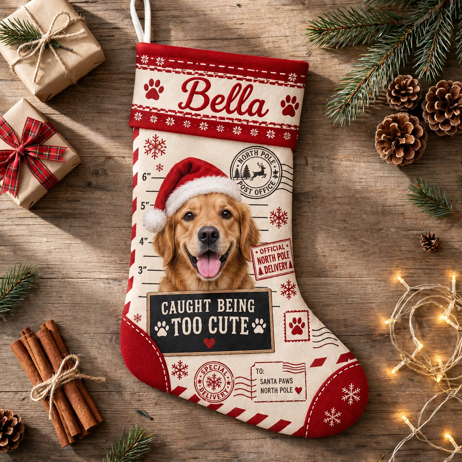 personalized north pole mugshot stocking shown laid flat on a wooden surface beside wrapped gifts and greenery