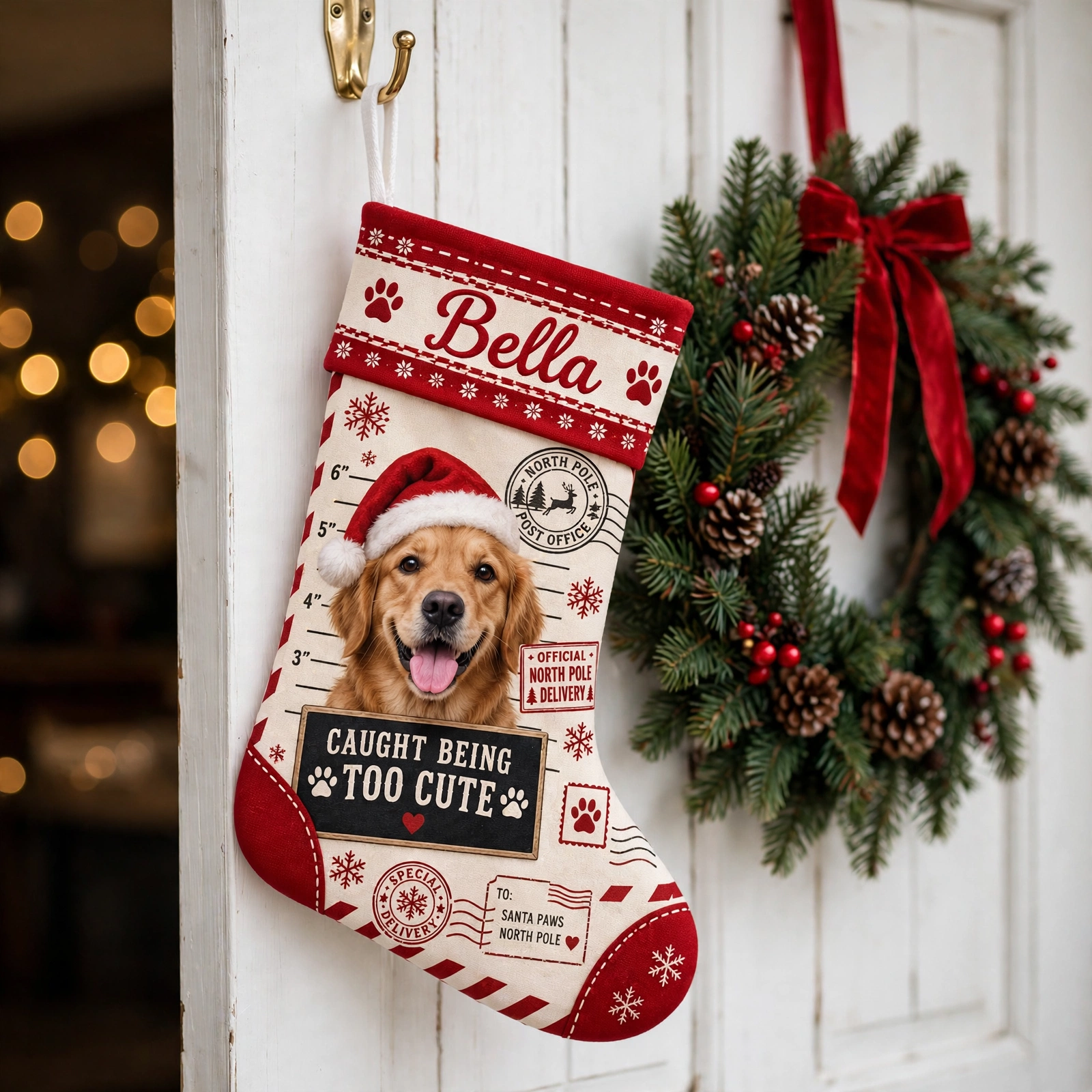 North Pole Dog Mugshot Christmas stocking hanging on a white door beside a Christmas wreath