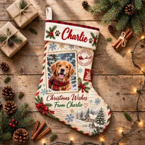 personalized vintage north pole postcard stocking shown laid flat on a wooden surface beside wrapped gifts and greenery