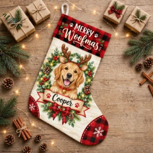 personalized wreath reindeer dog stocking shown laid flat on a wooden surface beside wrapped gifts and greenery