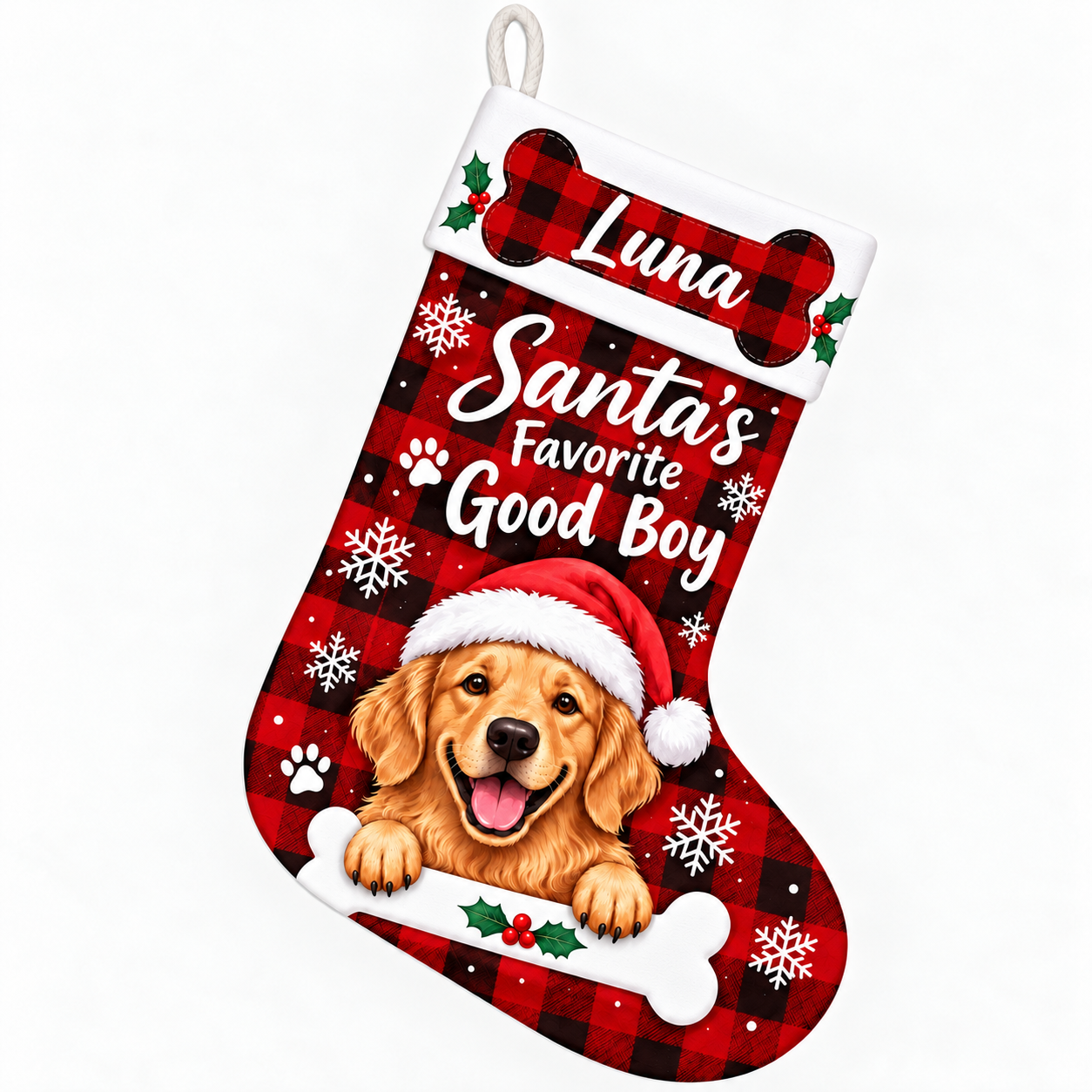 Personalized Christmas stocking with personalized buffalo plaid bone dog design on a plain background