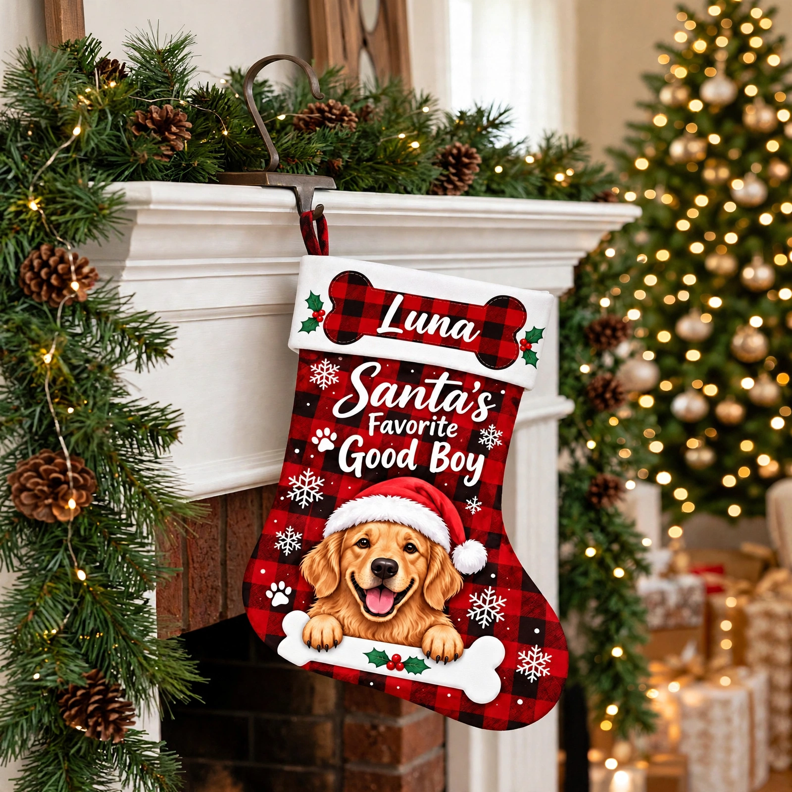 Buffalo Plaid Dog with Bone Christmas stocking hanging by a decorated fireplace