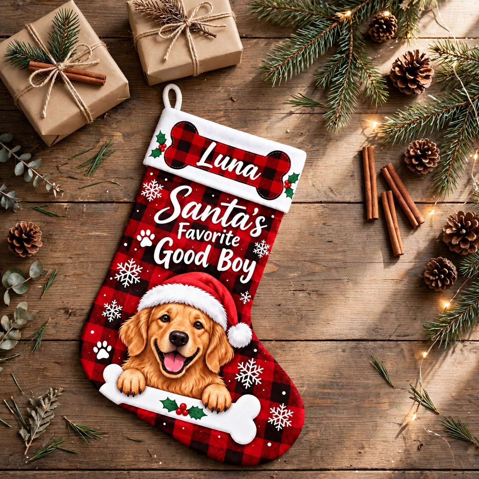 personalized buffalo plaid bone dog stocking shown laid flat on a wooden surface beside wrapped gifts and greenery