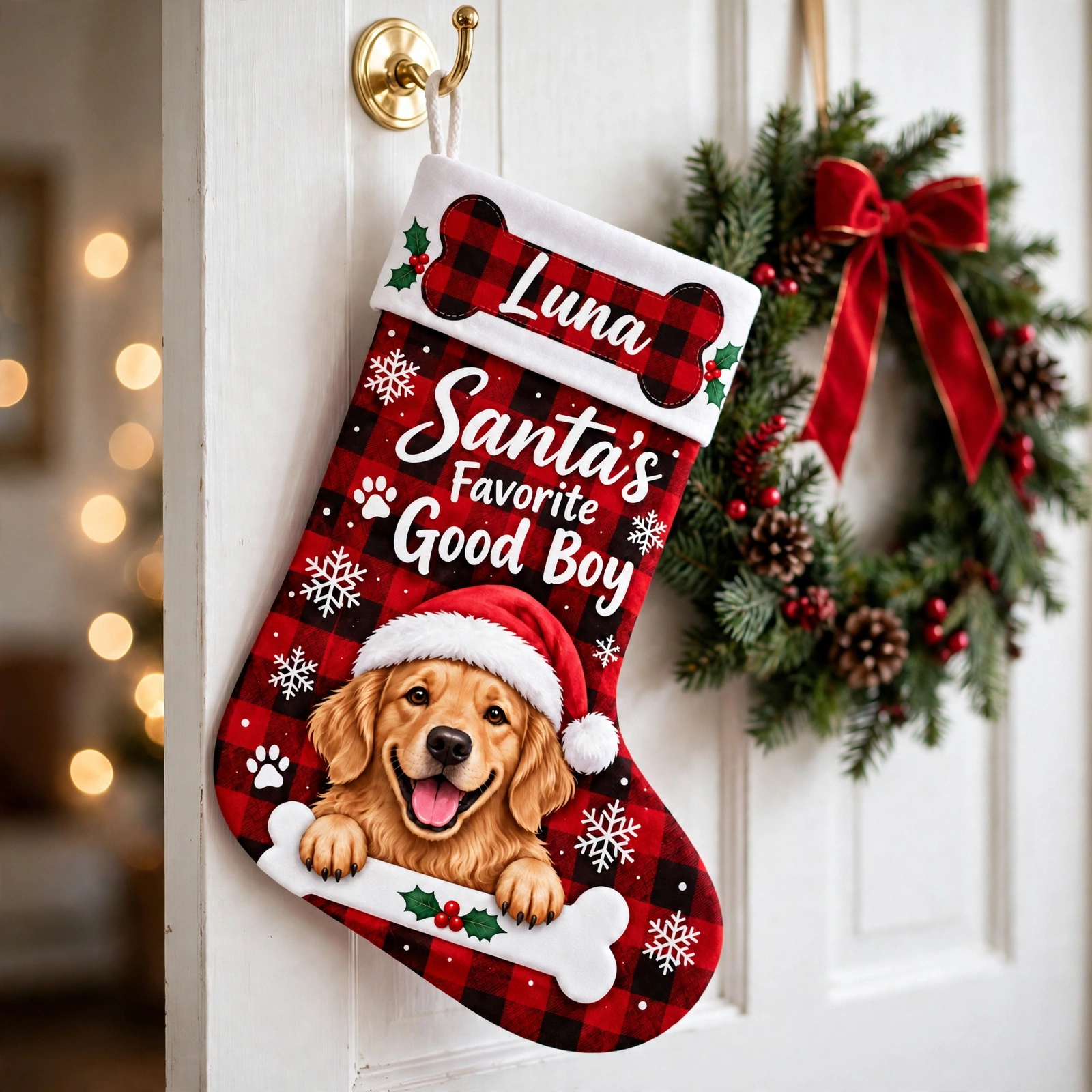 Buffalo Plaid Dog with Bone Christmas stocking hanging on a white door beside a Christmas wreath