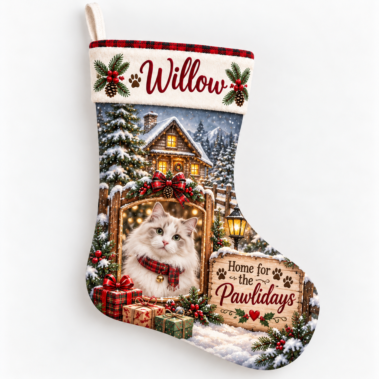 Personalized Christmas stocking with personalized winter cabin cat design on a plain background