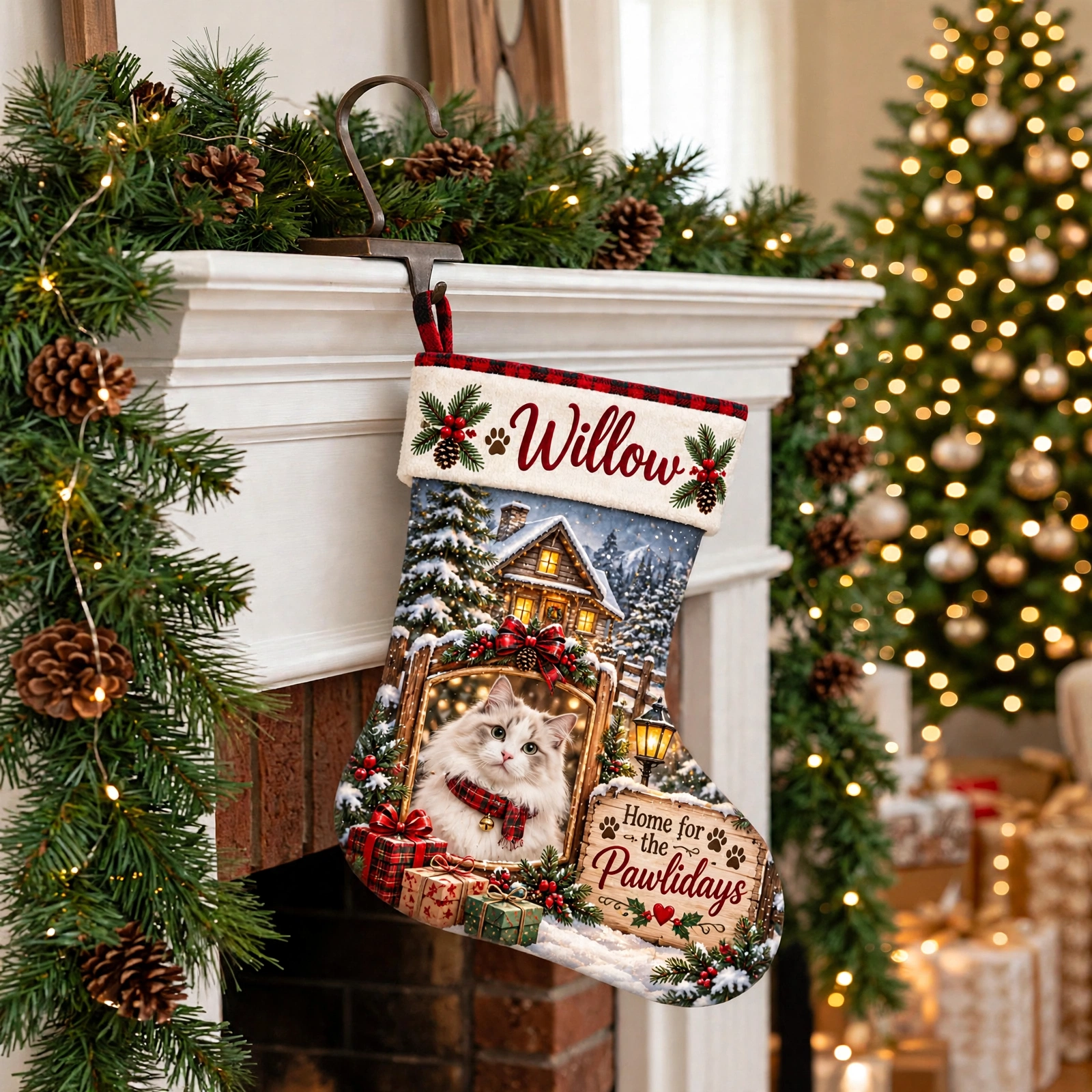 Winter Cabin Cat Portrait Christmas stocking hanging by a decorated fireplace