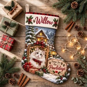 personalized winter cabin cat stocking shown laid flat on a wooden surface beside wrapped gifts and greenery