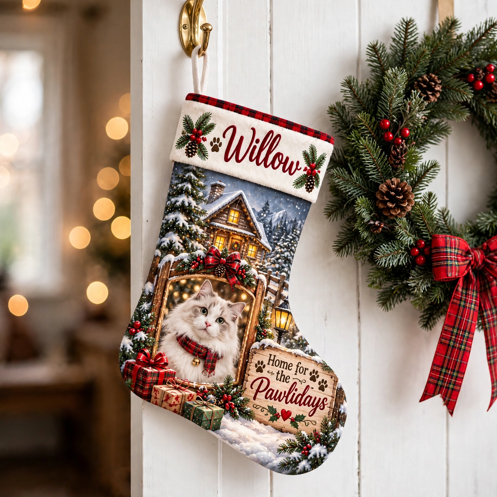 Winter Cabin Cat Portrait Christmas stocking hanging on a white door beside a Christmas wreath
