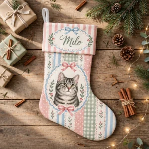 personalized pastel patchwork cat stocking shown laid flat on a wooden surface beside wrapped gifts and greenery