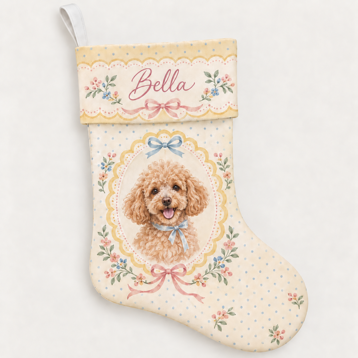 Personalized Christmas stocking with personalized yellow scalloped poodle design on a plain background